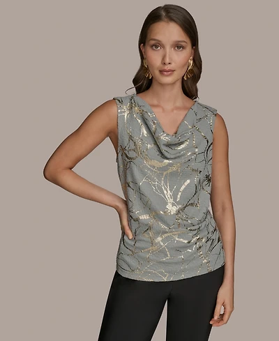 Donna Karan New York Women's Sleeveless Cowlneck Foil-Print Top