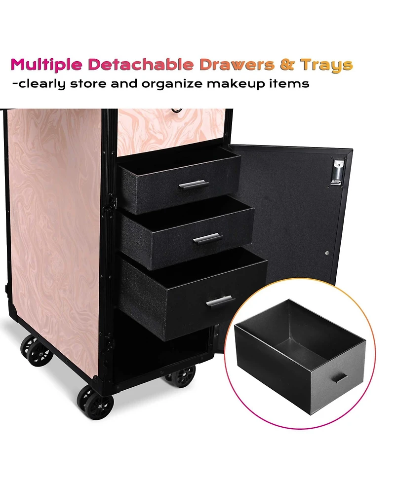 Byootique Rolling Nail Table w/ Makeup Case Cosmetic Organizer Aluminum Pink