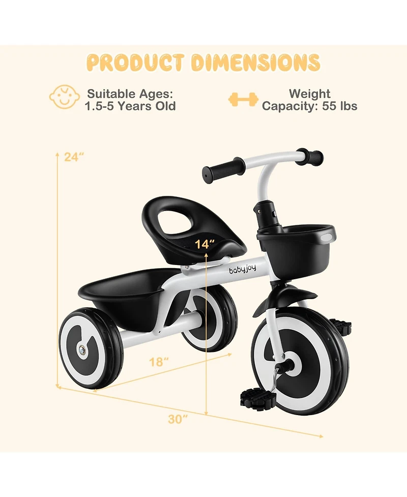 Toddler Tricycle Kids Trike with Adjustable Seat Front & Rear Storage Baskets