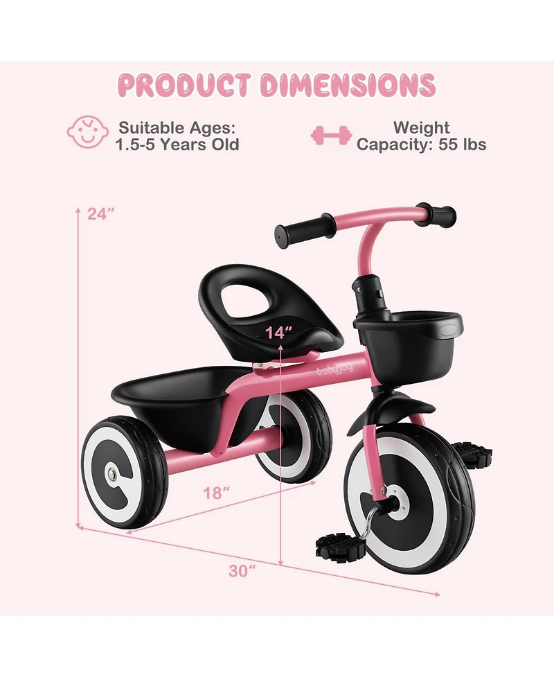 Toddler Tricycle Kids Trike with Adjustable Seat Front & Rear Storage Baskets