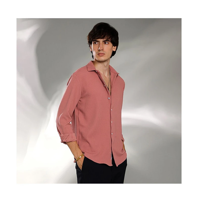 Campus Sutra Men's Salmon Pink Stripe-Creased Shirt