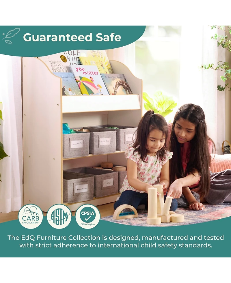 Guidecraft EdQ Book and Bin Browser - Natural: Children's Tall Wooden Bookshelf to Display Organize Kids' Books Playroom