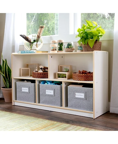 Guidecraft EdQ 2-Shelf 5-Compartment Storage 24" - White: Wooden Classroom and Playroom Bookshelf with Bins for Kids Toys Books