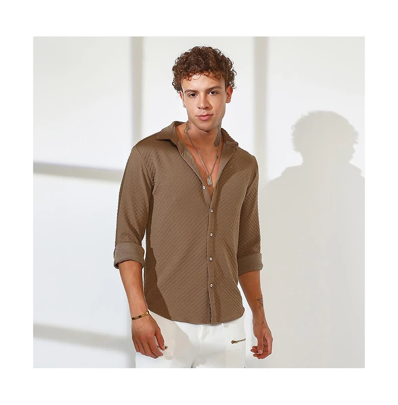 Campus Sutra Men's Chocolate Brown Cubic-Textured Shirt