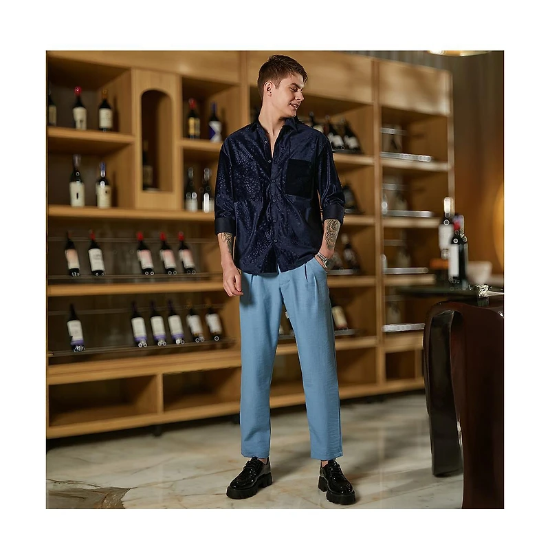 Campus Sutra Men's Navy Blue Cheetah Velvet Oversized Shirt