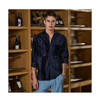 Campus Sutra Men's Navy Blue Cheetah Velvet Oversized Shirt