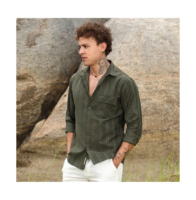 Campus Sutra Men's Fern Green Multitrack-Striped Shirt