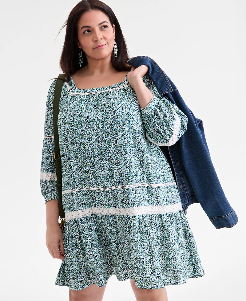 Style & Co Plus Printed Lace-Trim 3/4-Sleeve Dress, Macy's Exclusive