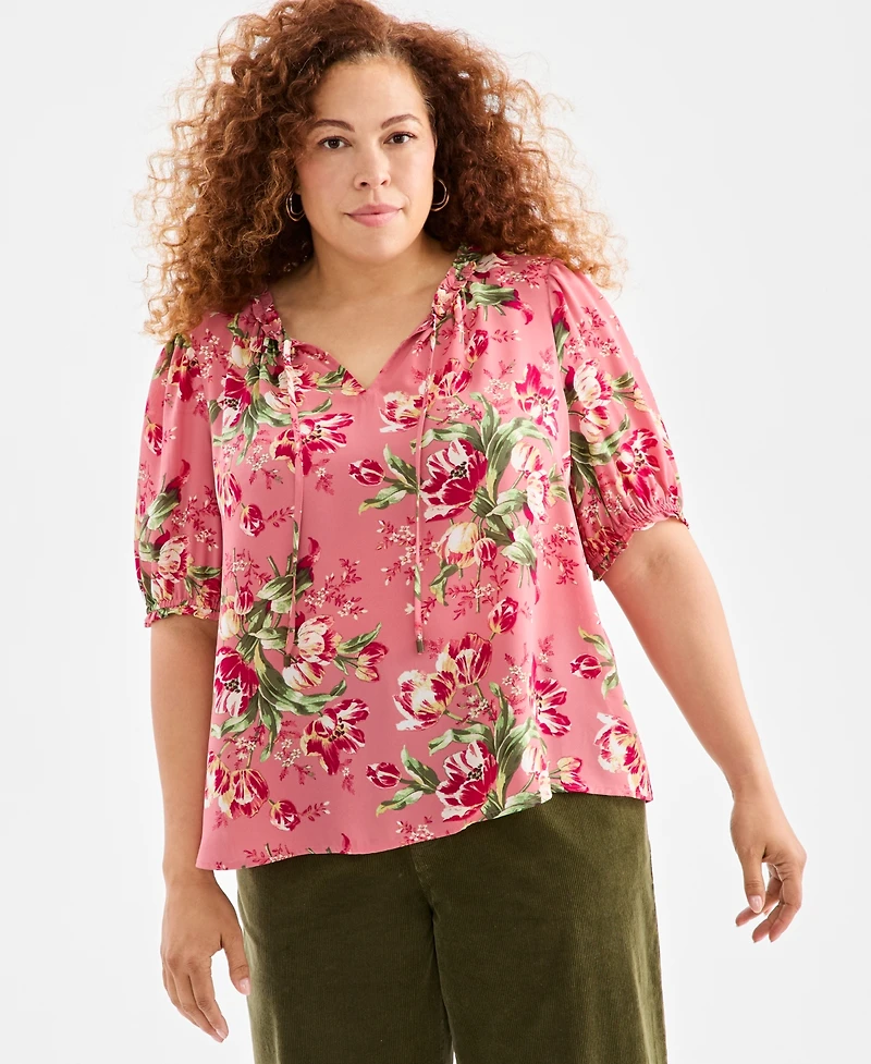 Style & Co Plus Floral Printed Puff-Sleeve Blouse, Macy's Exclusive