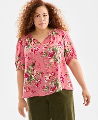 Style & Co Plus Floral Printed Puff-Sleeve Blouse, Macy's Exclusive
