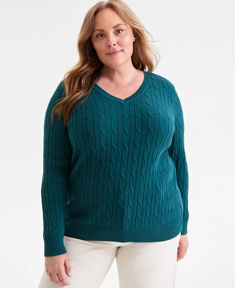Style & Co Plus Cotton Cable-Knit V-Neck Sweater, Macy's Exclusive