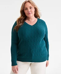 Style & Co Plus Cotton Cable-Knit V-Neck Sweater, Macy's Exclusive