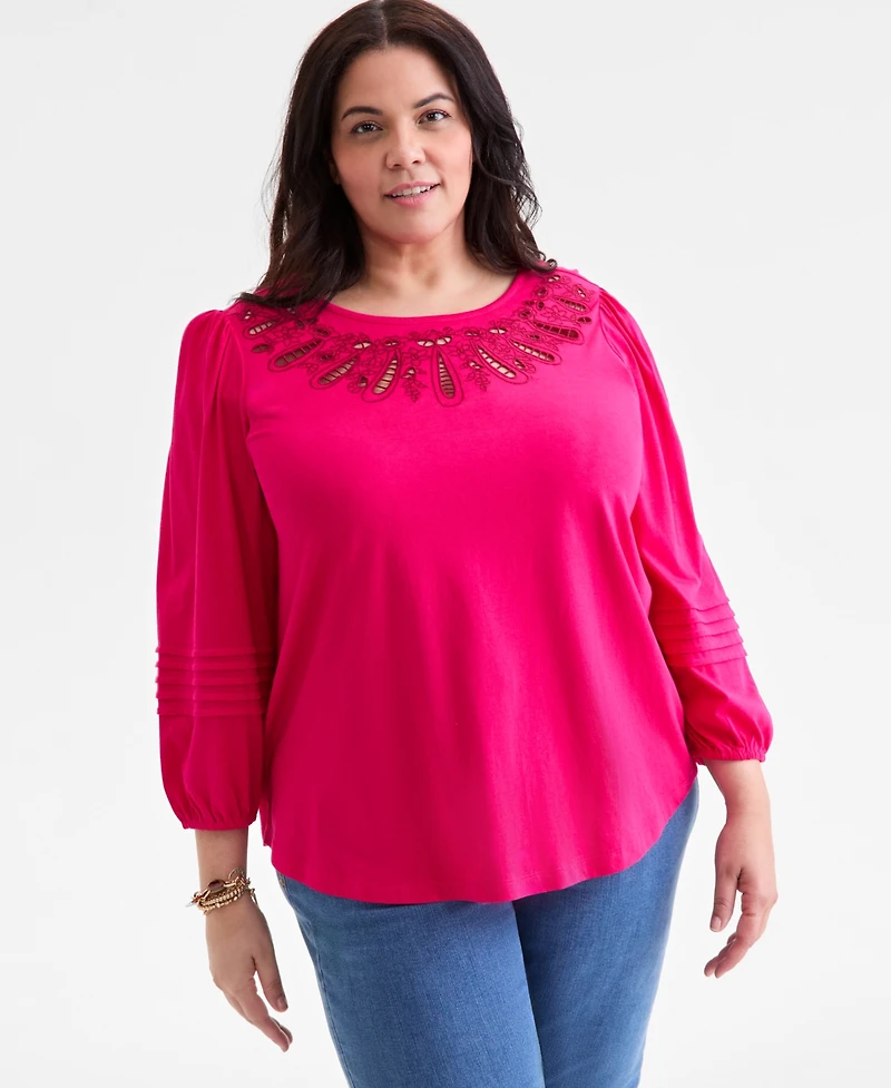 Style & Co Plus Broderie Anglaise 3/4-Sleeve Top, Macy's Exclusive