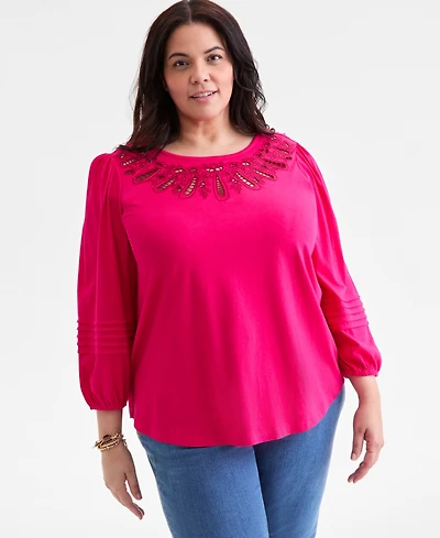Style & Co Plus Broderie Anglaise 3/4-Sleeve Top, Macy's Exclusive