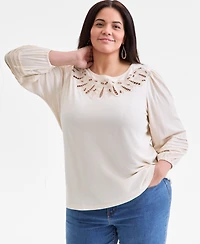 Style & Co Plus Broderie Anglaise 3/4-Sleeve Top, Macy's Exclusive