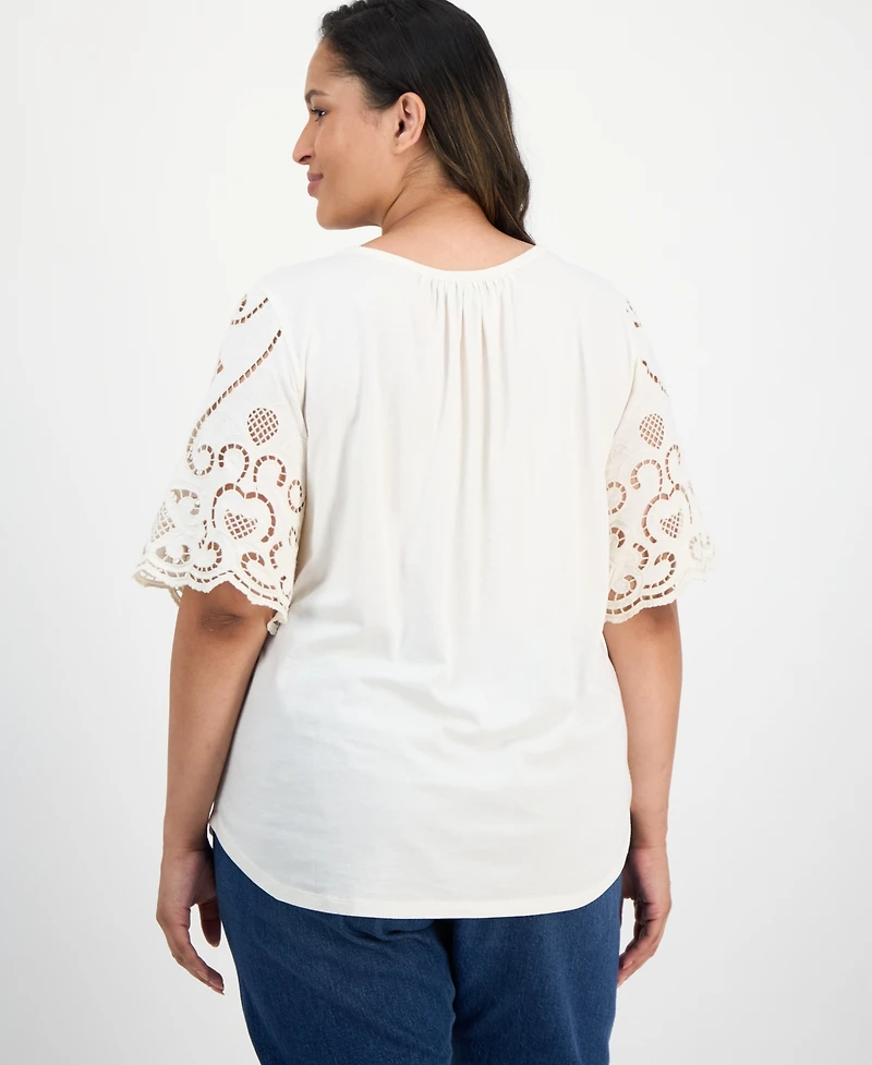 Style & Co Plus Crewneck Eyelet-Short-Sleeve Top, Exclusively at Macy's