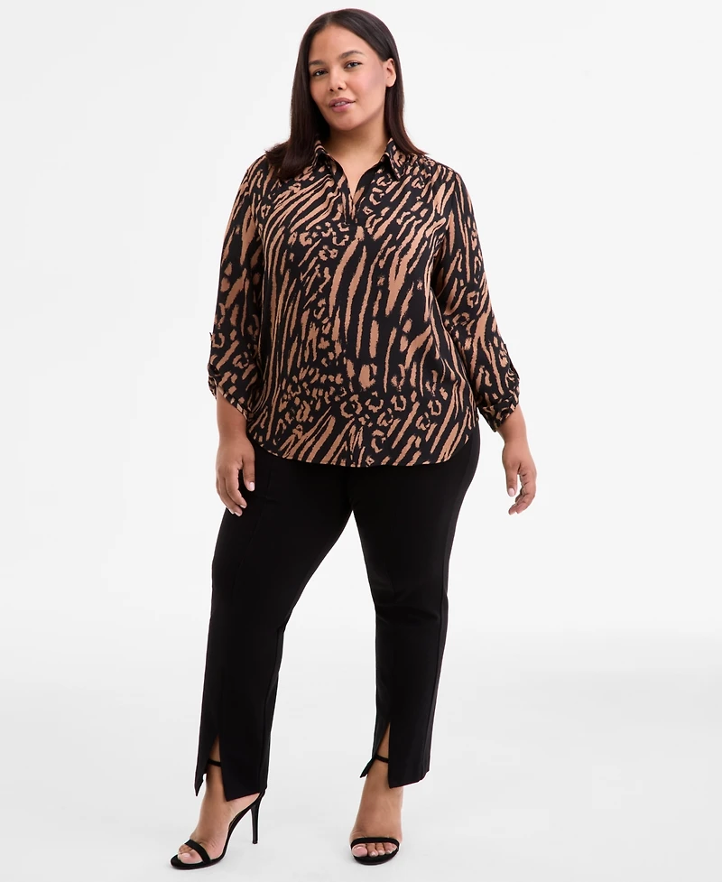 Ak Anne Klein Plus Printed Roll-Tab Blouse