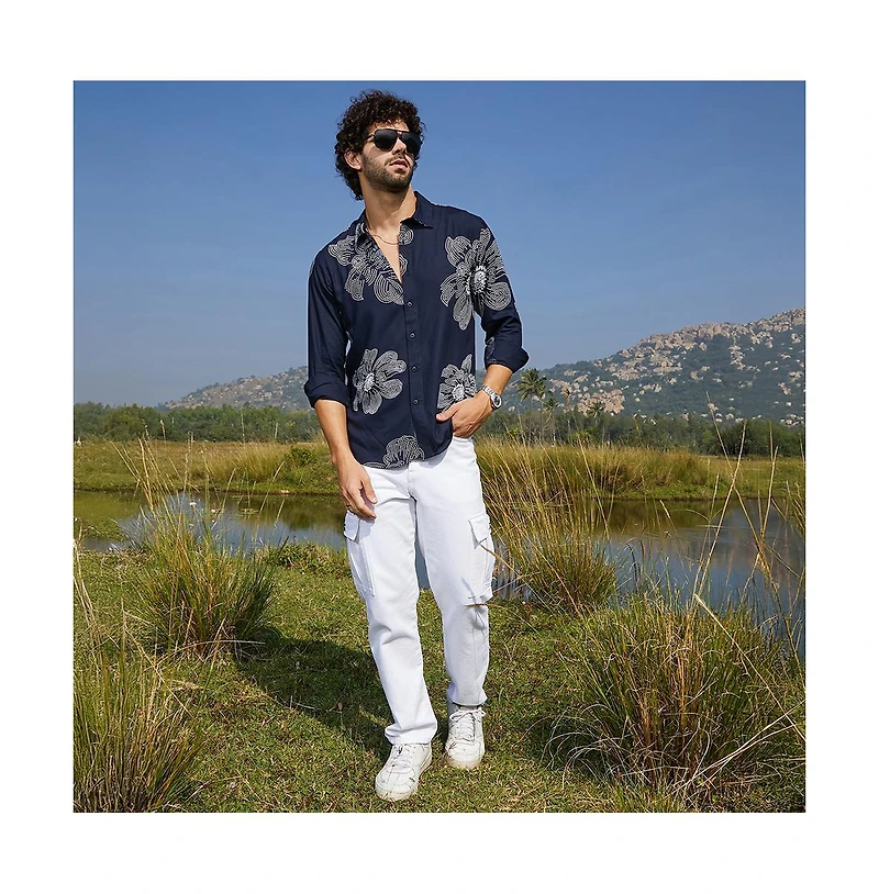 Campus Sutra Men's Navy Blue Maxi-Flora Shirt