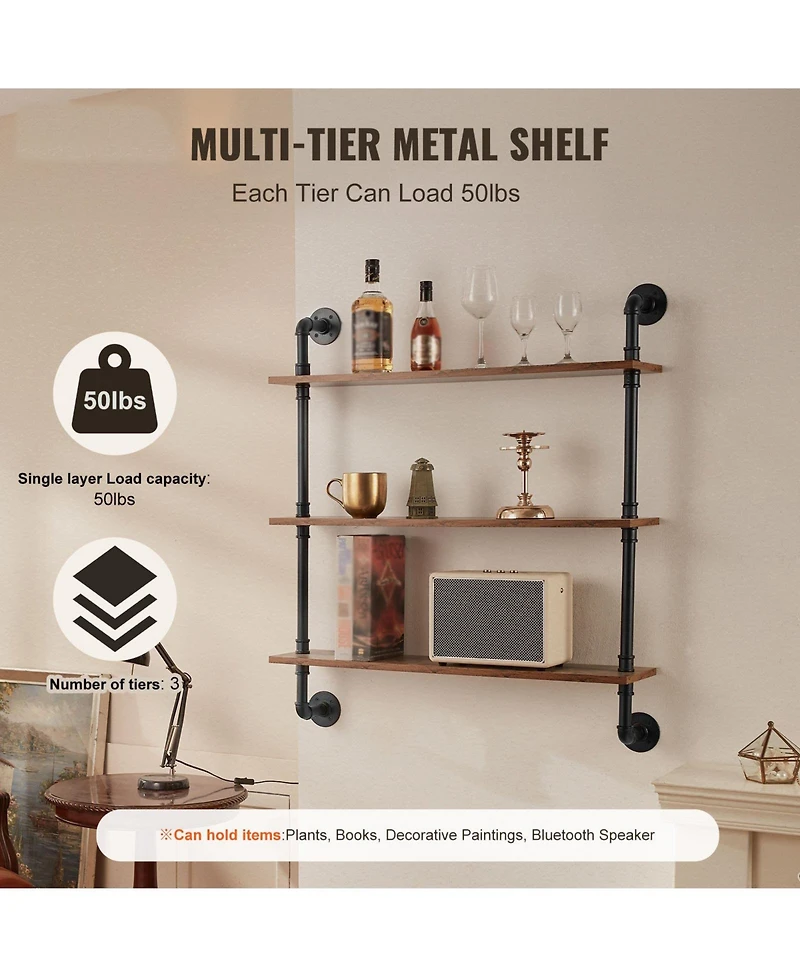 Slickblue 3 Tier Industrial Pipe Wall-Mount Shelf for Kitchen Bedroom and Living Space