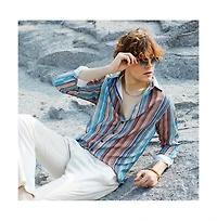 Campus Sutra Men's Azure Blue & Chocolate Brown Multitrack-Striped Shirt