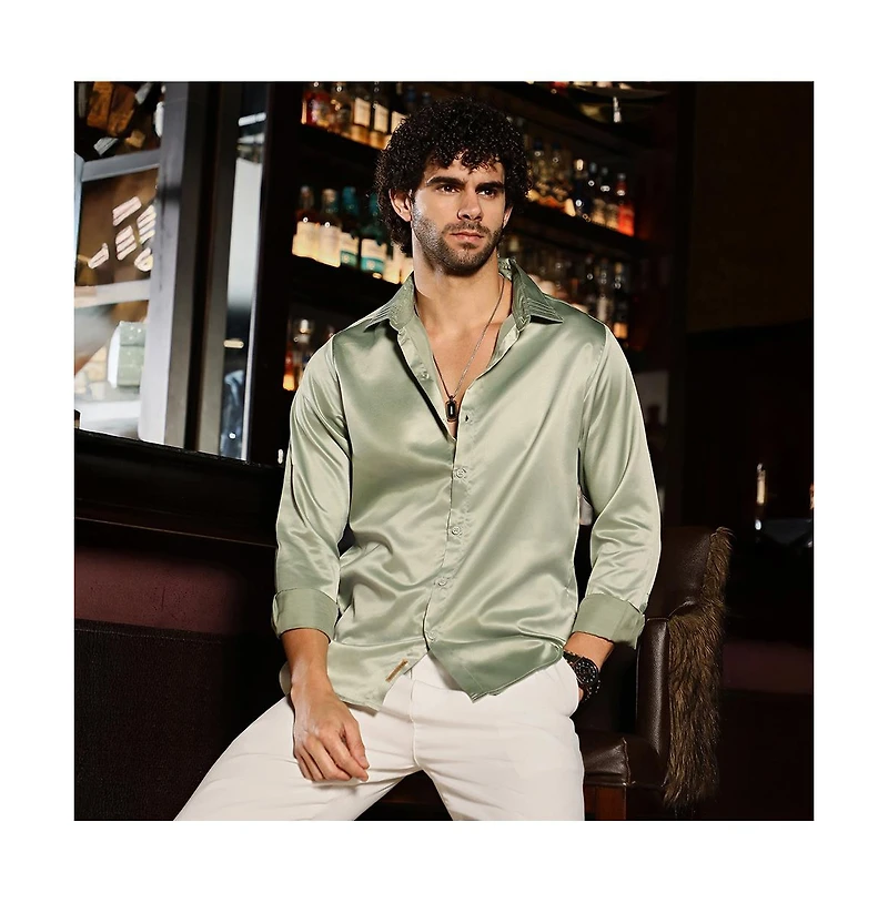 Campus Sutra Men's Sage Green Solid Satin Shirt