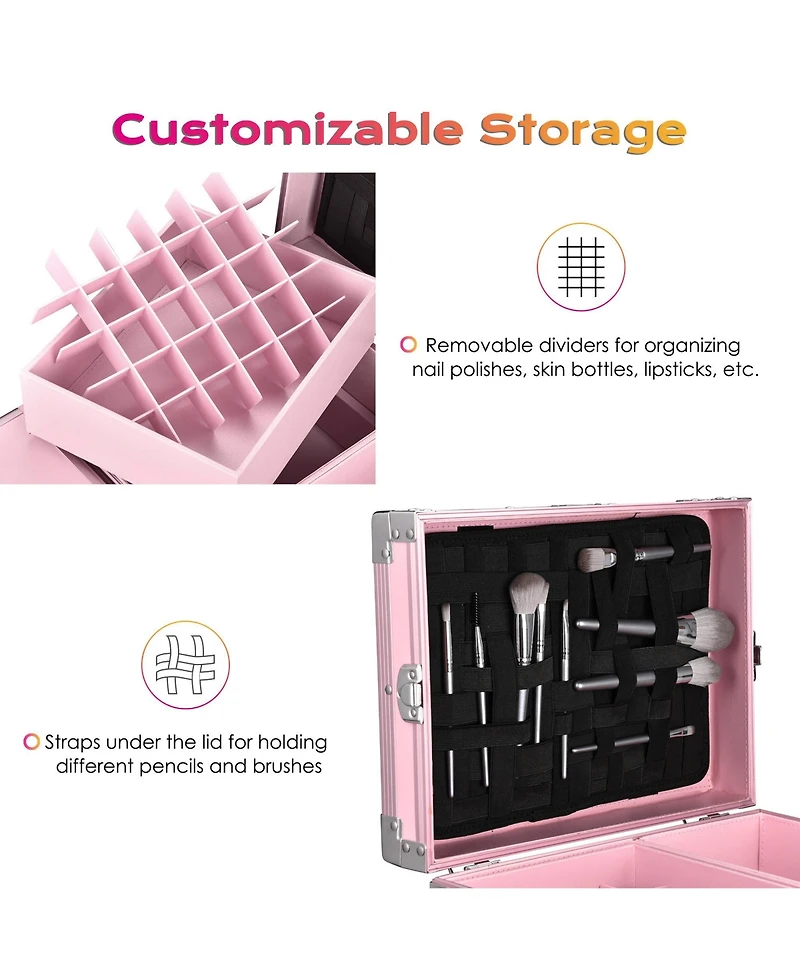 Byootique Rolling Cosmetic Case Nail Table with 4 pcs Replacement Wheels Pink