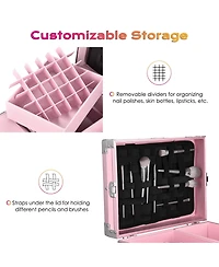 Byootique Rolling Cosmetic Case Nail Table with 4 pcs Replacement Wheels Pink