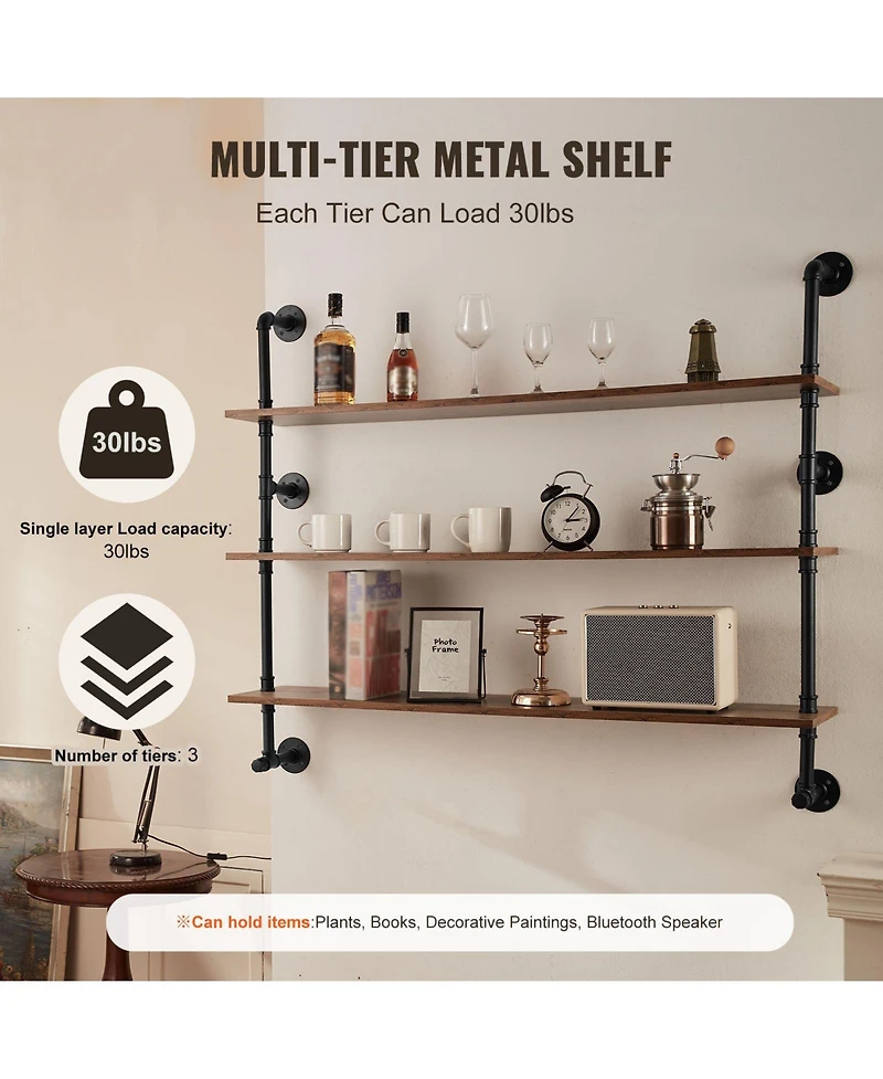 Slickblue Industrial Pipe Wall-Mounted Shelf 3 Tier Storage Rack for Kitchen and Bedroom