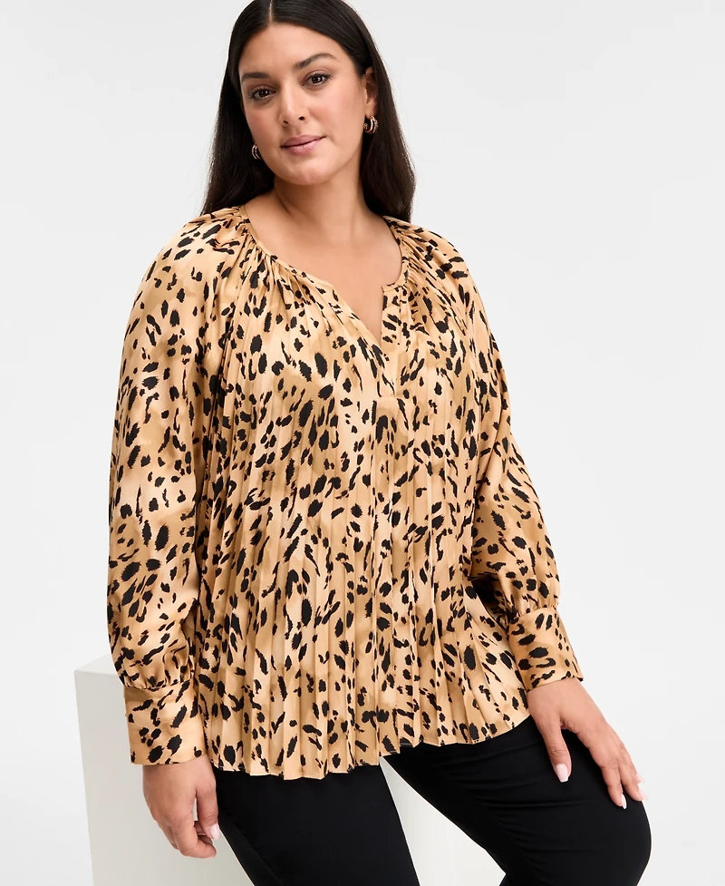 I.n.c. International Concepts Plus Printed Pleated Blouse, Macy's Exclusive
