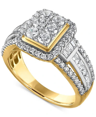 Diamond Emerald Shaped Halo Cluster Engagement Ring (1-1/2 ct. t.w.) in 14k Two-Tone Gold