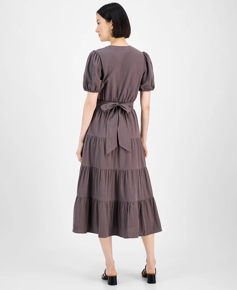 Robbie Bee Women's Cotton Puff-Sleeve Tiered Midi Dress