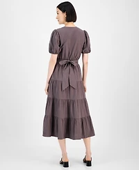 Robbie Bee Women's Cotton Puff-Sleeve Tiered Midi Dress