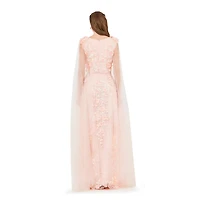 Amri Women's Tulle Cape Sleeve Floral Applique Gown
