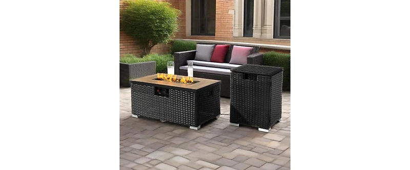 32 Inch Rectangular Wicker Fire Pit Table with 50000 Btu Burner and Ceramic Top