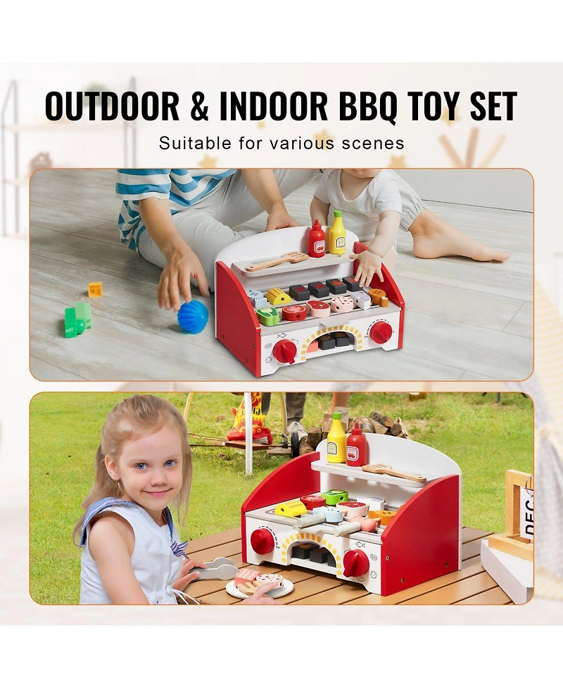 Slickblue 26 Piece Kids Bbq Grill Playset Wooden Pretend Cooking Toy Set with Sound Effects