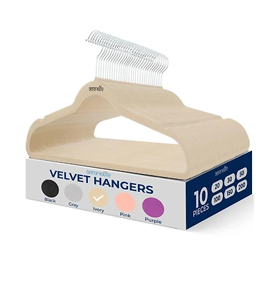SereneLife 10 Pcs. Velvet Hangers - Non-Slip, Sturdy, and Heavy Duty Coat Set with 360° Swivel Hook for Clothes (Ivory)