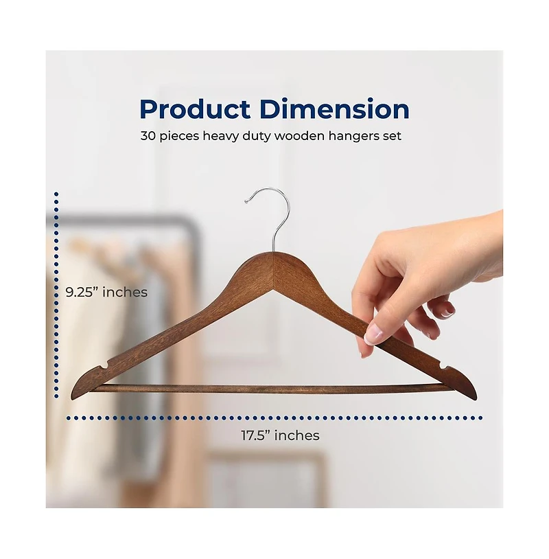 SereneLife 30-Pack Wooden Clothes Hangers – Heavy-Duty with Non-Slip Notches, 360° Swivel Hook & Pants Bar, Vintage Finish