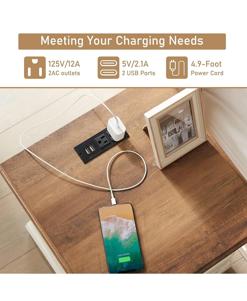 Nightstand 18 Inch with Charging Station,Usb Ports,Antique White