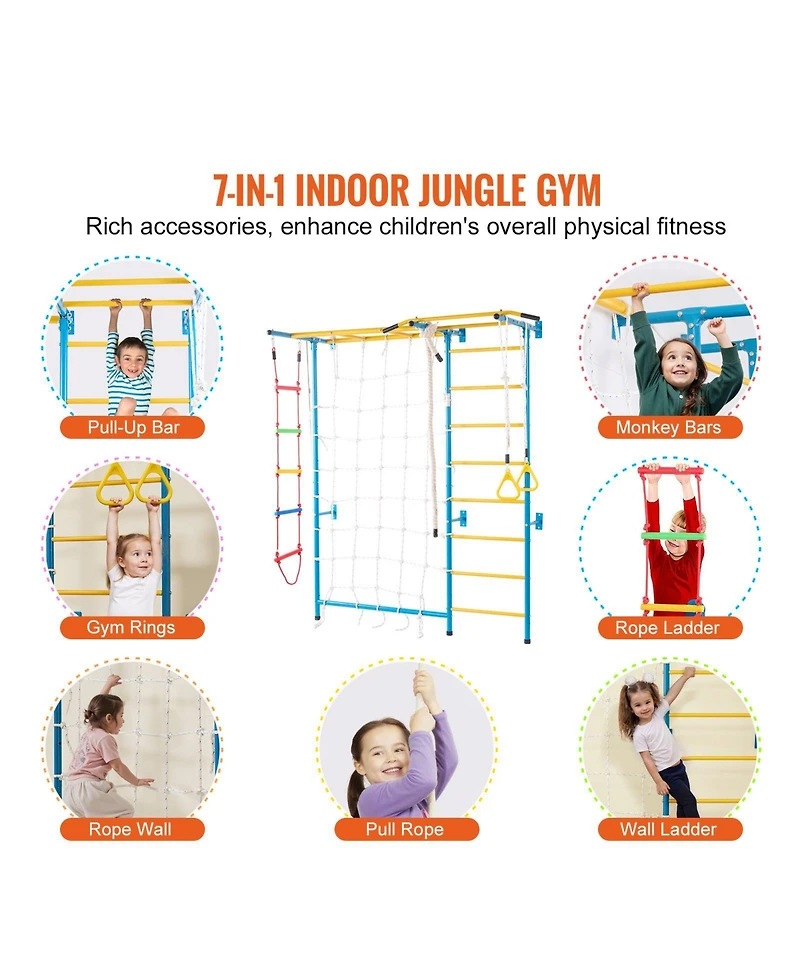 Slickblue Toddler 7 in 1 Steel Indoor Wall Gym with Climbing Toys Ladder Slide and Swing