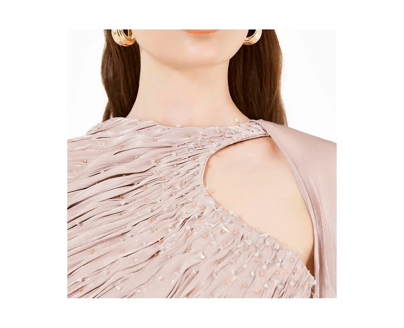 Amri Asymmetric Cutout Ruched Dress With Single Cape Sleeve