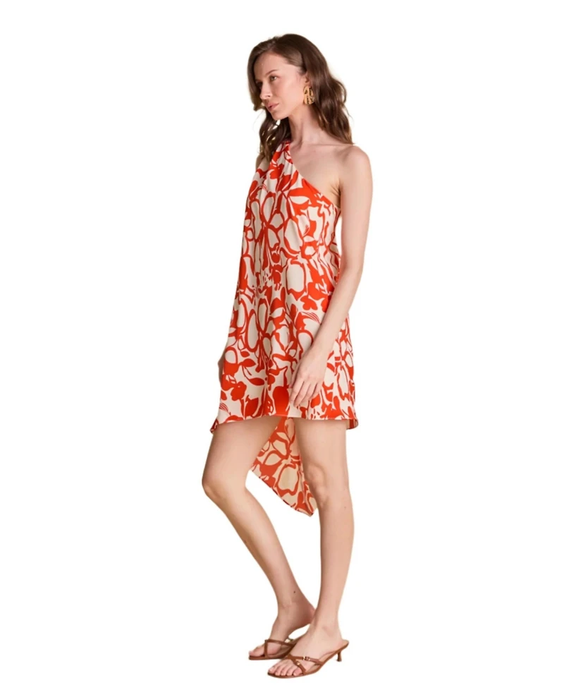 endless rose Women's Floral Print Shoulder Pintucked Asymmetrical Mini Dress