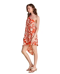 endless rose Women's Floral Print Shoulder Pintucked Asymmetrical Mini Dress