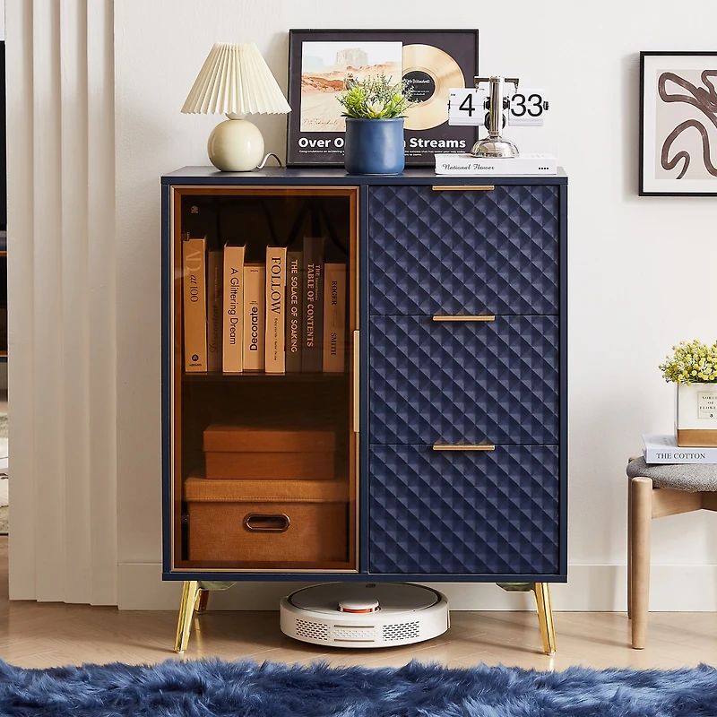 Casainc Deluxe Carved Style Cabinet with Tempered Glass Doors Three Drawer Metal Legs Adjustable Feet