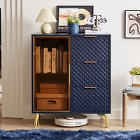 Casainc Deluxe Carved Style Cabinet with Tempered Glass Doors Three Drawer Metal Legs Adjustable Feet