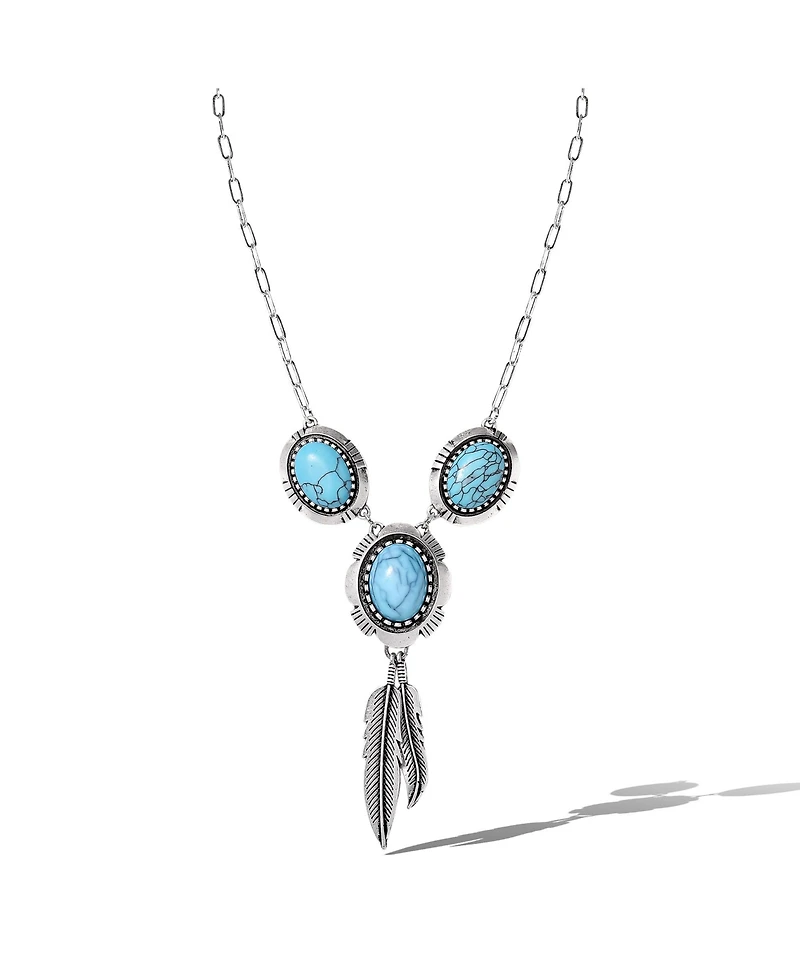 Jessica Simpson Turquoise & Feather Pendant Necklace in Antique Silver