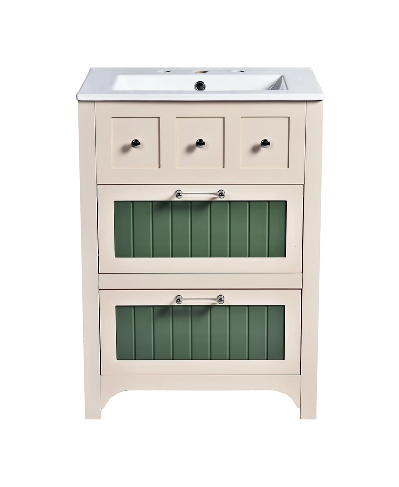 Casainc 24" Vanity with Ceramic Sink, Wooden Cabinet with 2 Drawers