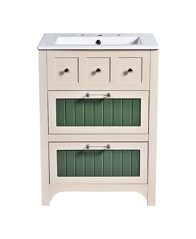 Casainc 24" Vanity with Ceramic Sink, Wooden Cabinet with 2 Drawers