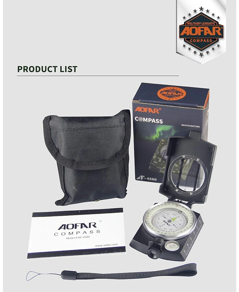 Aofar Military Compass,Af-4580 Lensatic Sighting, Waterproof and Shakeproof with Map Measurer Distance Calculator, Pouch for Camping