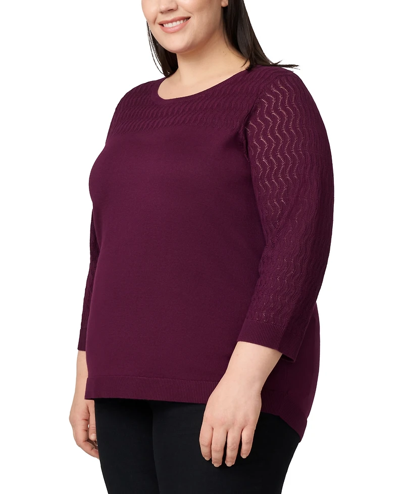 Melissa Paige Plus Pointelle-Yoke 3/4-Sleeve Sweater