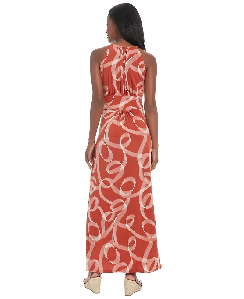 London Times Women's Printed Jersey Halter-Neck Maxi Dress